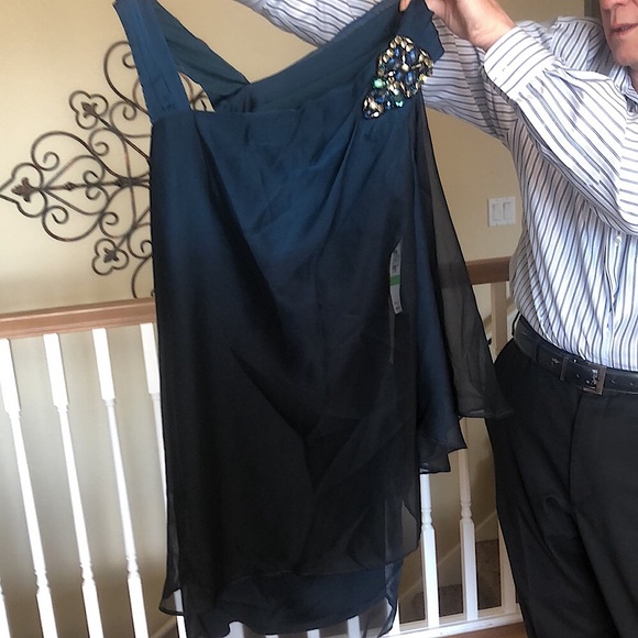 R&M Richards teal to black ombré asym top cocktail dress. Satin&chiffon overlay - Picture 2 of 9